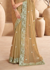 Golden Beige Satin Saree with Embroidered Edge Work
