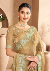 Golden Beige Satin Saree with Embroidered Edge Work