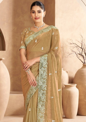 Golden Beige Satin Saree with Embroidered Edge Work