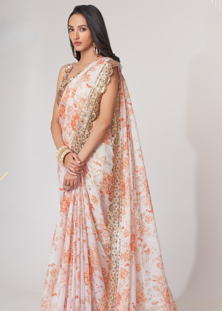 White Organza Saree with Sequins Embroidery & Digital Print