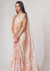 White Organza Saree with Sequins Embroidery & Digital Print