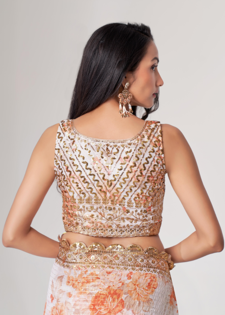 White Organza Saree with Sequins Embroidery & Digital Print