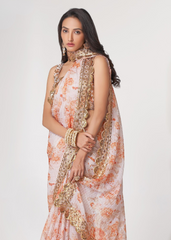 White Organza Saree with Sequins Embroidery & Digital Print