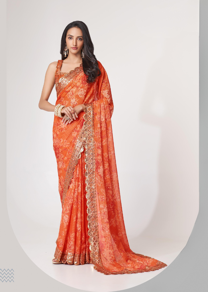 Elegant Orange Saree with Sequins Embroidery & Digital Print