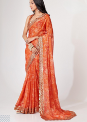 Elegant Orange Saree with Sequins Embroidery & Digital Print