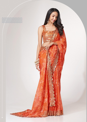 Elegant Orange Saree with Sequins Embroidery & Digital Print