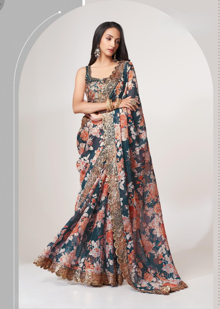 Dove Blue Organza Saree with Sequins Embroidery & Digital Print
