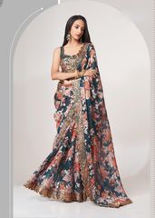 Dove Blue Organza Saree with Sequins Embroidery & Digital Print