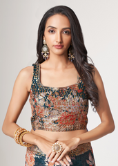 Dove Blue Organza Saree with Sequins Embroidery & Digital Print