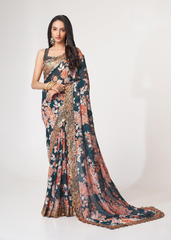 Dove Blue Organza Saree with Sequins Embroidery & Digital Print