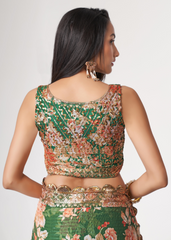 Green Organza Saree with Floral Digital Print & Sequins Embroidery