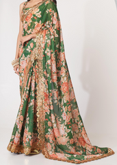 Green Organza Saree with Floral Digital Print & Sequins Embroidery