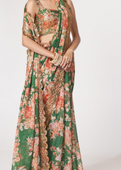 Green Organza Saree with Floral Digital Print & Sequins Embroidery