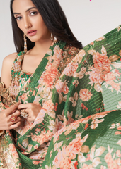 Green Organza Saree with Floral Digital Print & Sequins Embroidery