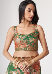 Green Organza Saree with Floral Digital Print & Sequins Embroidery