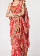 Red Organza Saree with Sequins Embroidery & Floral Digital Print