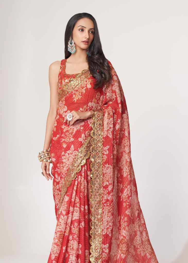 Red Organza Saree with Sequins Embroidery & Floral Digital Print