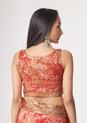 Red Organza Saree with Sequins Embroidery & Floral Digital Print