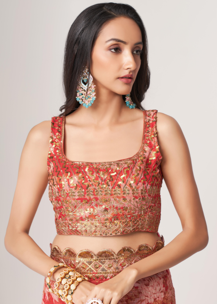 Red Organza Saree with Sequins Embroidery & Floral Digital Print