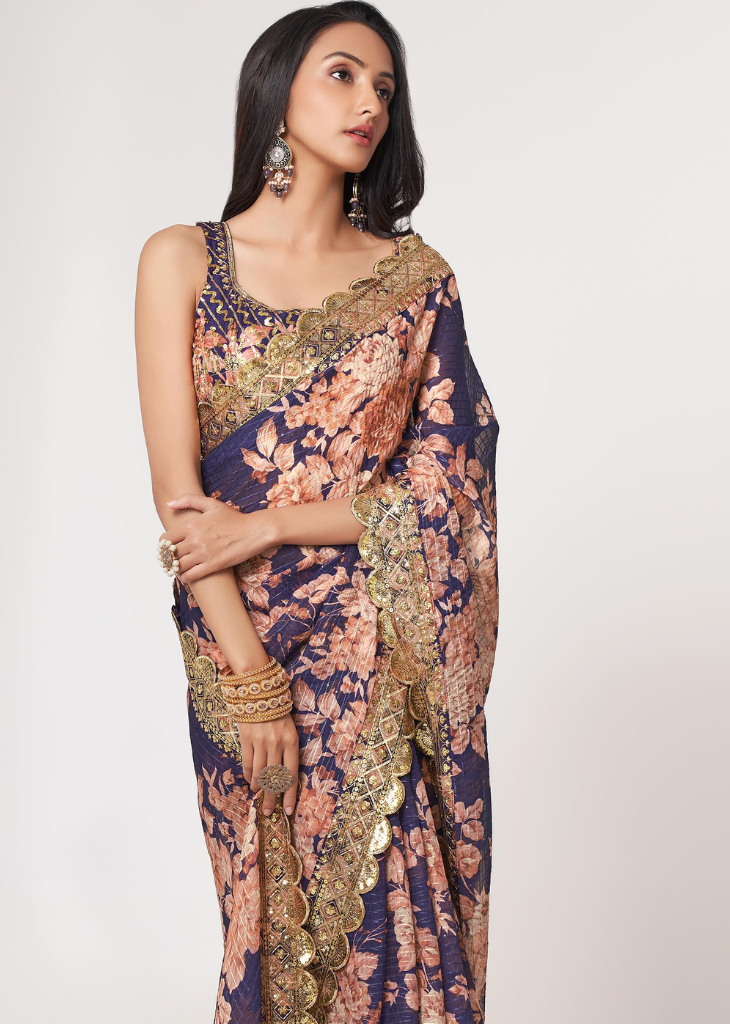 Purple Organza Saree with Sequins Embroidery & Floral Digital Print