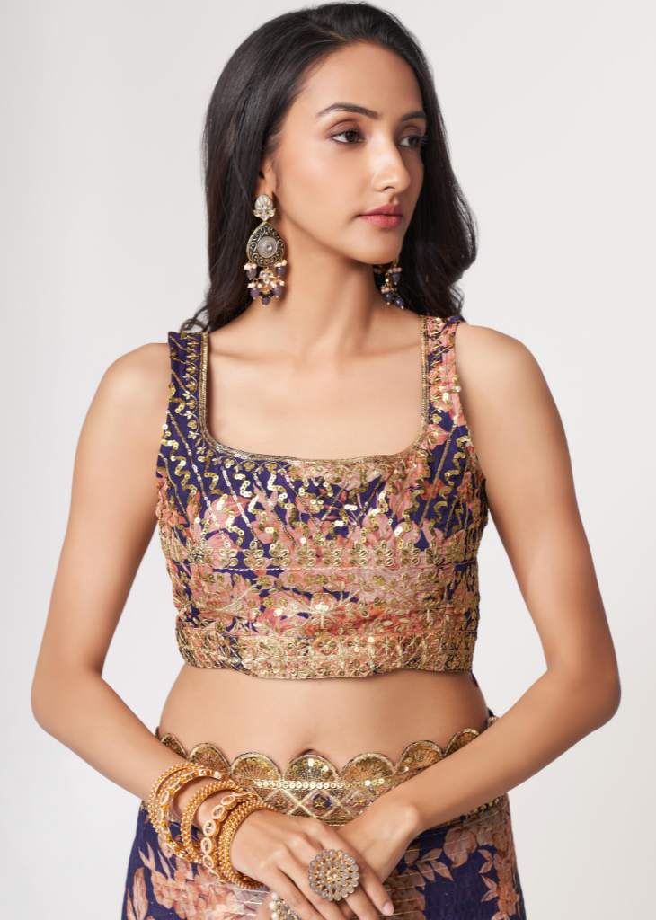 Purple Organza Saree with Sequins Embroidery & Floral Digital Print