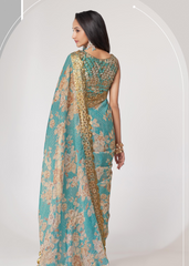Sky Blue Organza Saree with Sequins Embroidery & Floral Digital Print