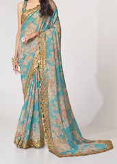 Sky Blue Organza Saree with Sequins Embroidery & Floral Digital Print