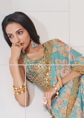 Sky Blue Organza Saree with Sequins Embroidery & Floral Digital Print
