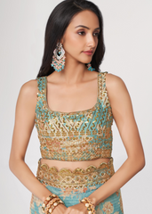 Sky Blue Organza Saree with Sequins Embroidery & Floral Digital Print