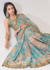 Sky Blue Organza Saree with Sequins Embroidery & Floral Digital Print