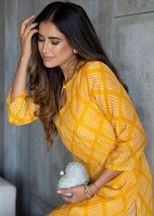Bright Yellow Pure Maslin Kurti Set with Digital Print