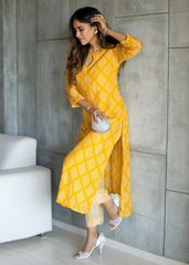 Bright Yellow Pure Maslin Kurti Set with Digital Print