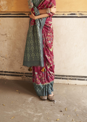 Magenta & Teal Ikat Silk Saree with Printed Border