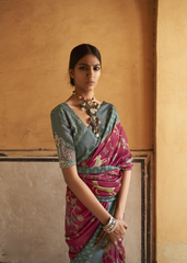 Magenta & Teal Ikat Silk Saree with Printed Border