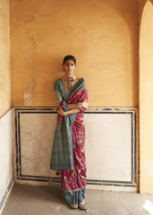 Magenta & Teal Ikat Silk Saree with Printed Border