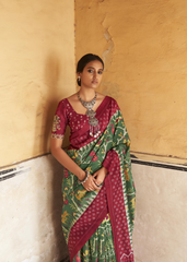 Green & Maroon Ikat Silk Saree with Floral Motifs