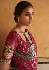 Green & Maroon Ikat Silk Saree with Floral Motifs
