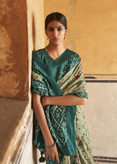 Green Ikat Printed Silk Saree with Peacock Motifs