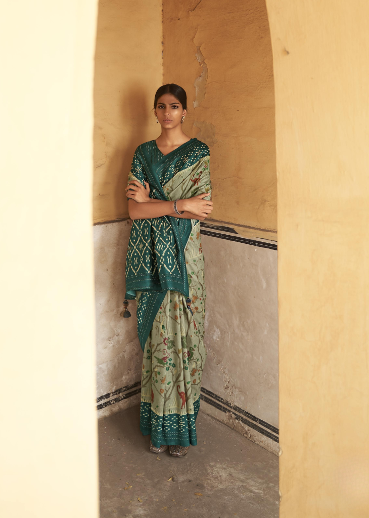Green Ikat Printed Silk Saree with Peacock Motifs