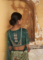 Green Ikat Printed Silk Saree with Peacock Motifs