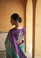 Purple & Teal Ikat Silk Saree with Animal Motif Weave