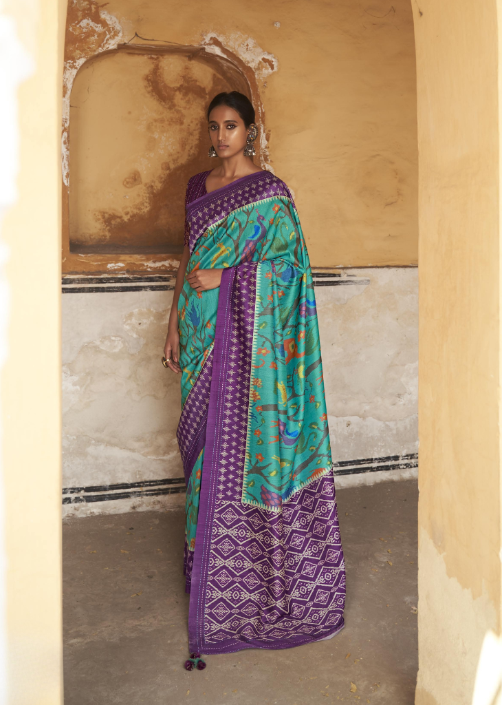 Purple & Teal Ikat Silk Saree with Animal Motif Weave