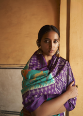 Purple & Teal Ikat Silk Saree with Animal Motif Weave