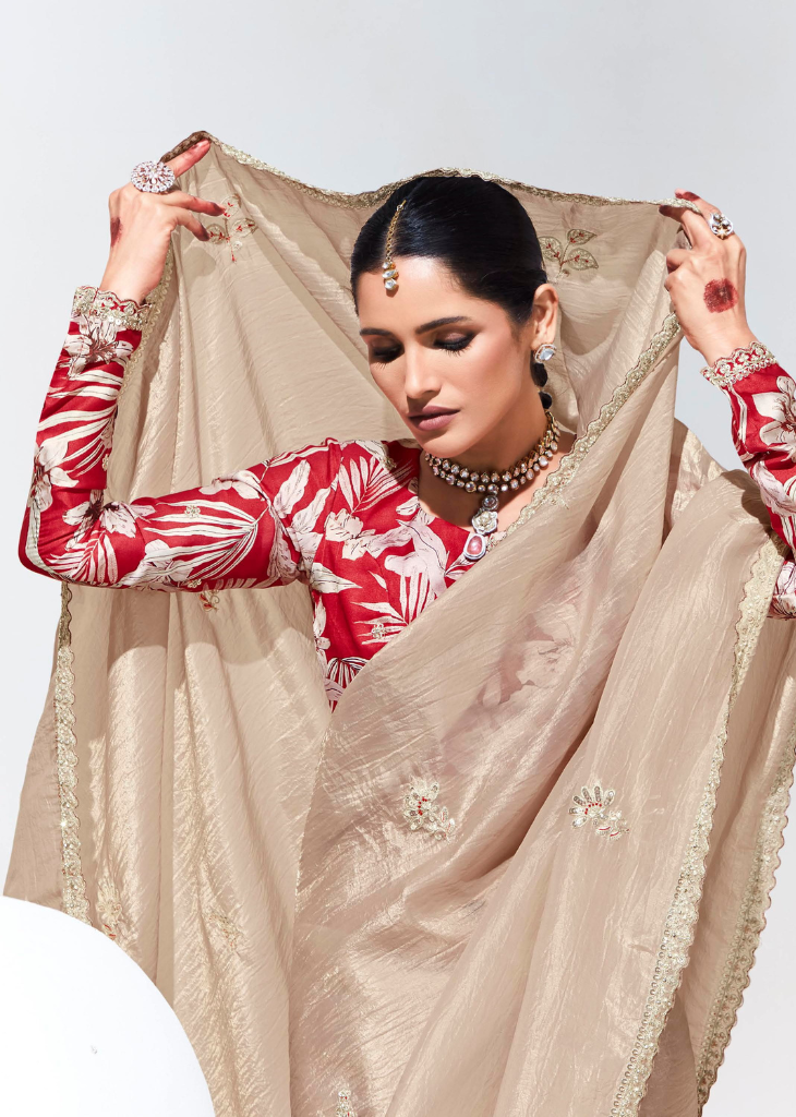 Beige Organza Saree with Embroidery & Sequins Work