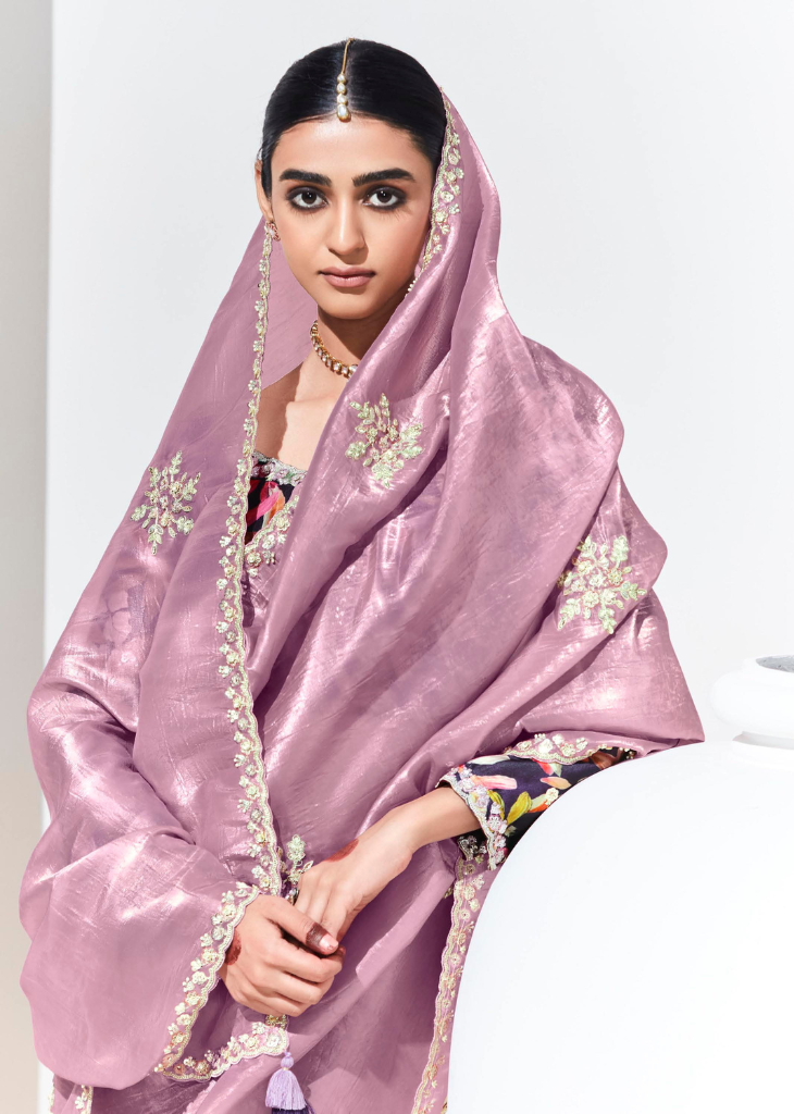 Lavender Tissue Saree with Floral Work & Designer Blouse