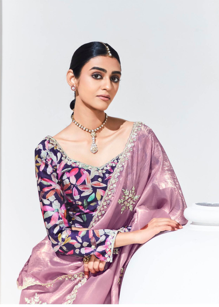 Lavender Tissue Saree with Floral Work & Designer Blouse