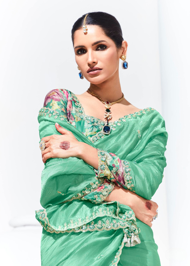 Mint Green Tissue Saree with Embroidered Border