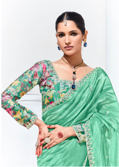 Mint Green Tissue Saree with Embroidered Border