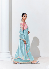 Pastel Blue Organza Saree with Sequin Embroidery