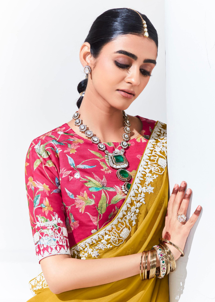 Mustard Yellow Party Saree with White Thread Work